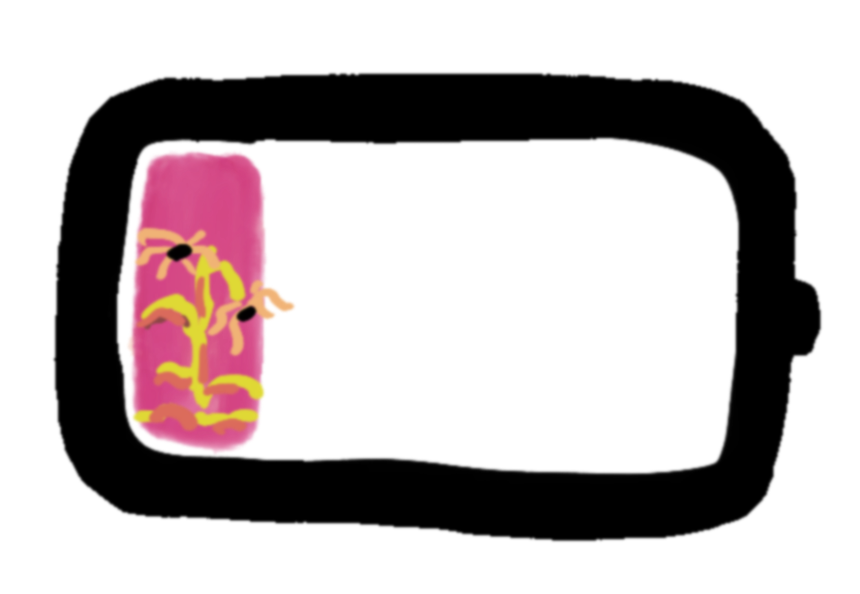 A power charging battery symbol with a single pink bar left, containing a sad wilting Rudbeckia flower, with flower heads and leaves drooping. The style is a hand-drawn digital cartoon by the author.